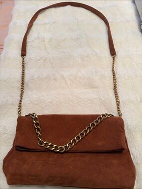 Express Rust Brown Suede Shoulder Bag with Gold Chain